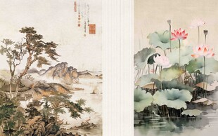 中式山水荷花国画作品