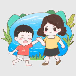 姐姐带弟弟在湖边玩耍