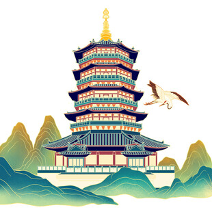 手绘国潮风建筑