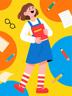 女孩开心捧书在学习场景