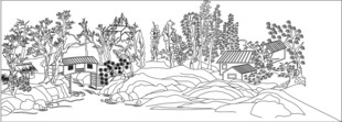 乡村风景线手绘黑白插画