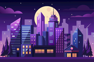梦幻都市夜景插画
