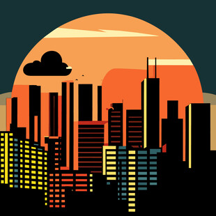 夕阳下的城市建筑剪影