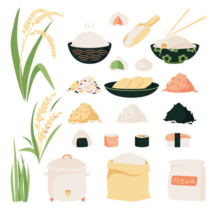 多样米食与稻谷元素集合