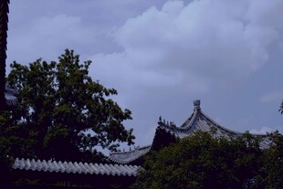 中式屋顶与绿树蓝天白云