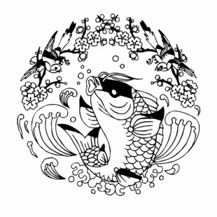 黑白锦鲤插画图案设计
