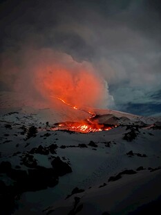雪地中的炽热火山喷发