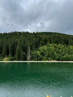 翠绿山林环绕的静谧湖泊