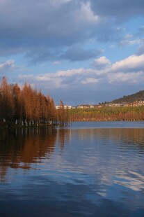 湖畔秋景 湖水映树与蓝天