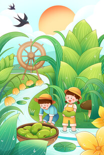 儿童溪边嬉戏夏日美景