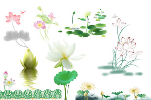 水墨风荷花荷叶插画元素