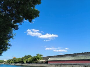 蓝天绿树映衬下的古建筑 