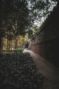 林间石径旁的砖墙风景