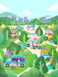 夏天市集城市概念场景插画