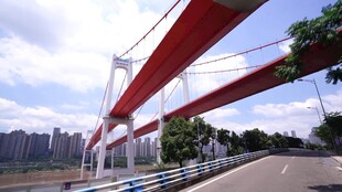 红色大桥横跨道路与城市