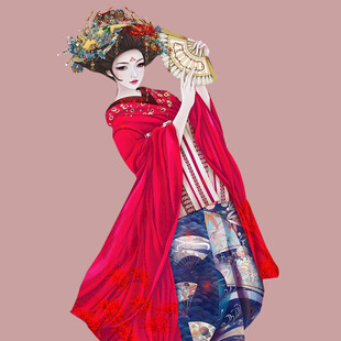 古风红衣女子持扇优雅图