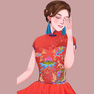 古典旗袍女子优雅掩面