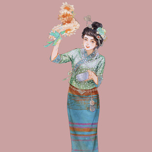 古典旗袍女子手持花饰