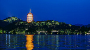 西湖夜景中的保俶塔倒影