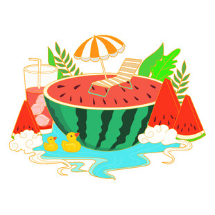夏日西瓜泳池清凉场景