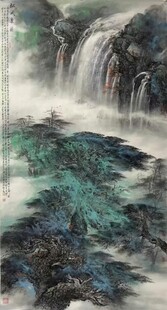 瀑布水墨山水画