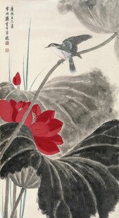 水墨荷花飞鸟图