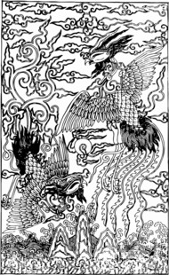 传统神话黑白插画场景
