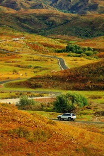 秋日山间公路上的车辆