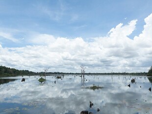 宁静湖面与蓝天白云倒影