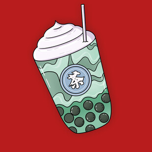 卡通抹茶珍珠奶茶插画