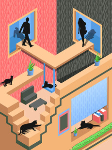 屋内黑猫与神秘人影场景插画