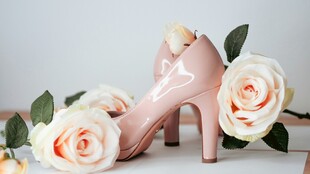 粉色高跟鞋与白玫瑰