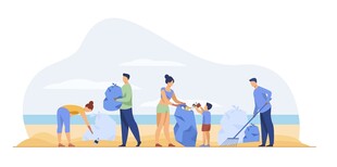 海边众人参与垃圾清理活动