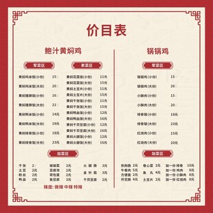 黄焖鸡价目表