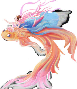 梦幻飘逸的彩色金鱼插画