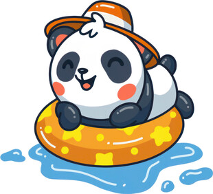 戴帽熊猫漂浮在游泳圈上