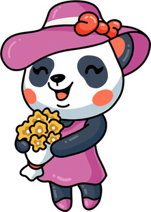 戴帽熊猫手持花束