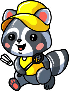 戴帽浣熊手持网球拍