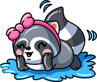 戴蝴蝶结浣熊玩水