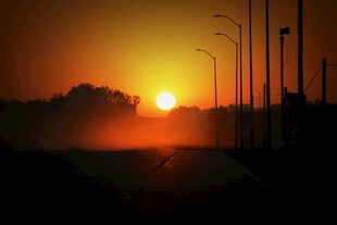夕阳下的道路与路灯剪影