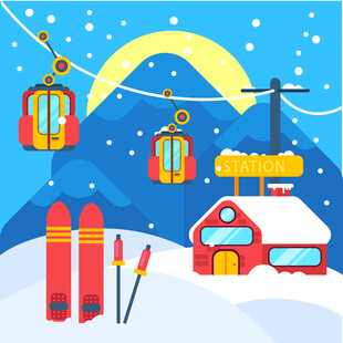 冬日滑雪场景缆车与小屋