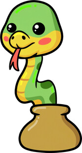 卡通绿蛇盘于陶罐上
