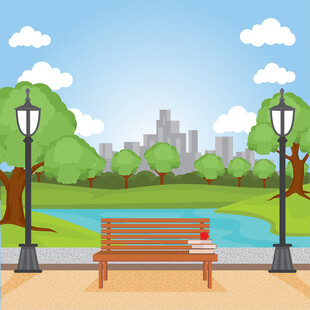 公园长椅旁的城市河畔风景