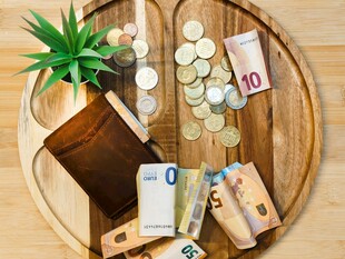 木盘上的钱币与绿植