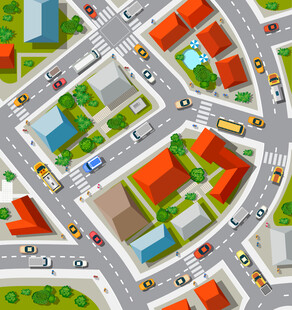 城市俯瞰图中的多彩建筑与道路