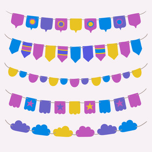 彩色装饰彩旗与云朵图案