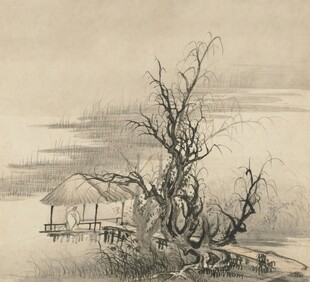 水墨孤树江畔小屋图景