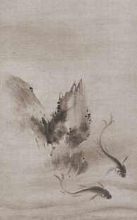 水墨飞鸟与游鱼图