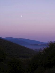 黄昏山林间的朦胧月色