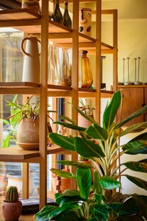 室内绿植与木质置物架